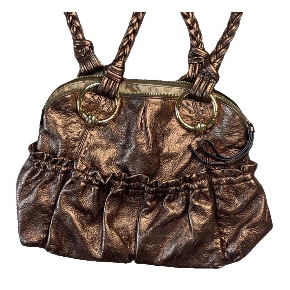 B Makowsky Shoulder Bag Handbag Metallic‎ Bronze Brown Leather Braided Straps